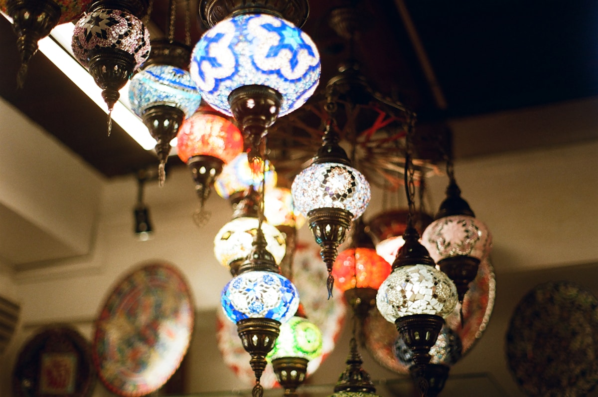 Arts and Crafts style pendant lamps with geometric design