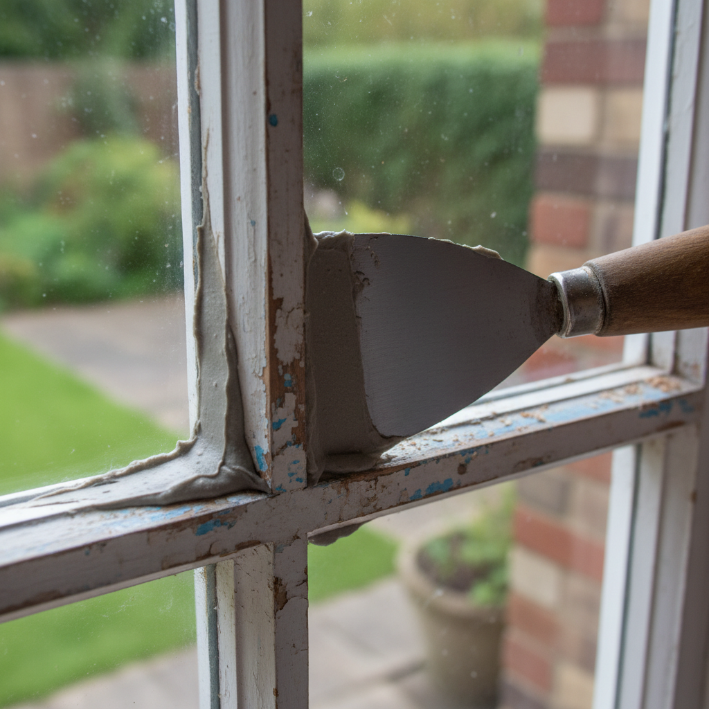 Putty knife applying window glazing compound