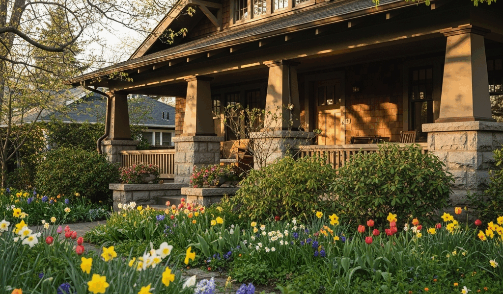 Craftsman style home exterior with spring garden in bloom