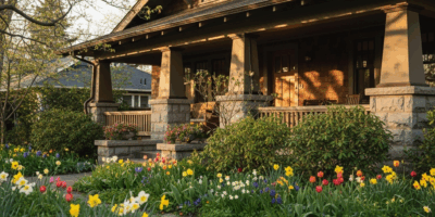 Craftsman style home exterior with spring garden in bloom